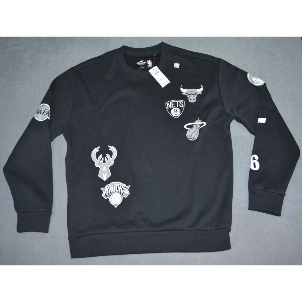 Hollister NBA Sweatshirt Mens L Black White Basketball Multi Team Logo Crewneck